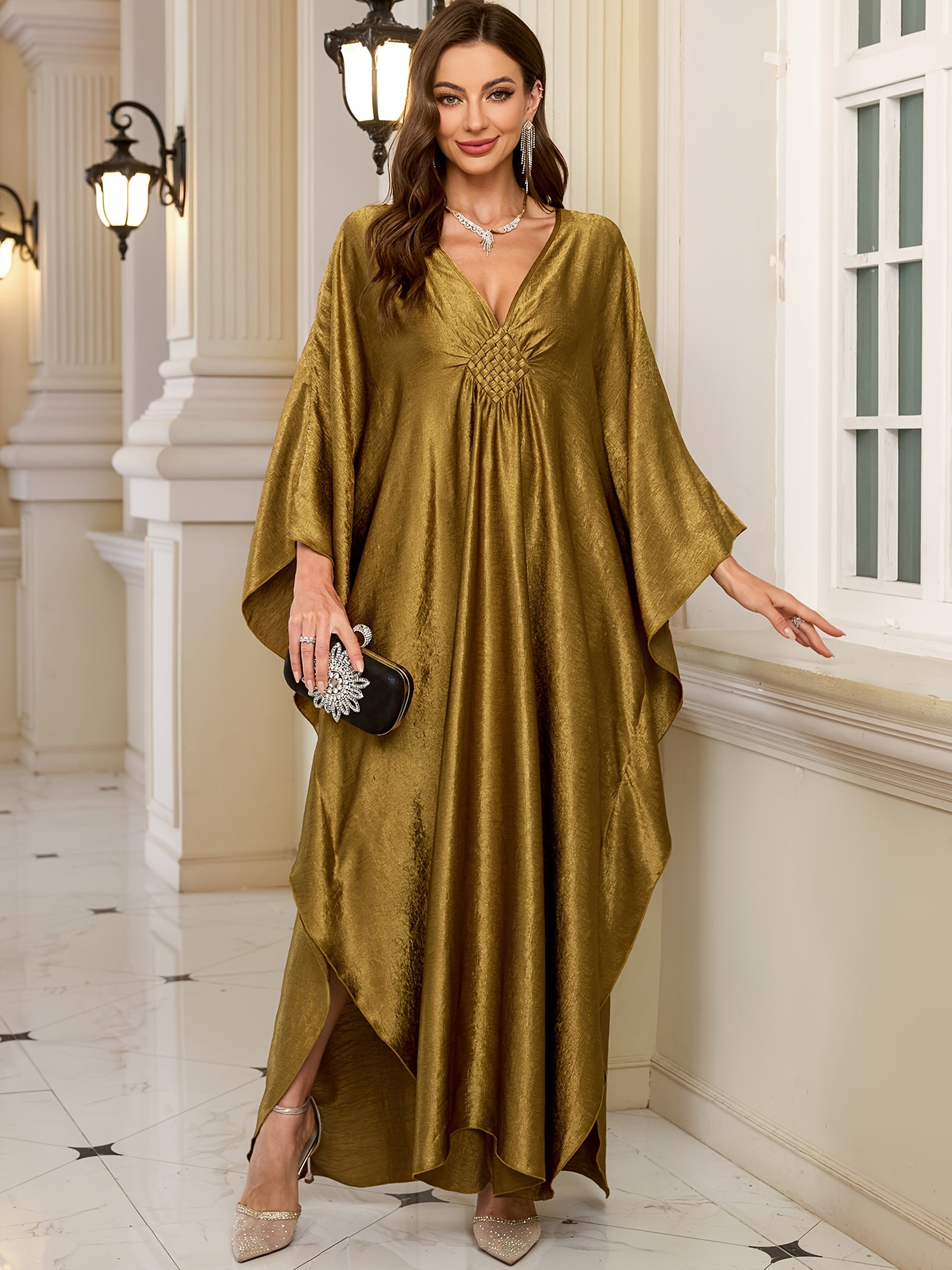 Olive Green V-Neck Bat Sleeve Kaftan Dress for Women Beach Cover-Up Casual Outerwear