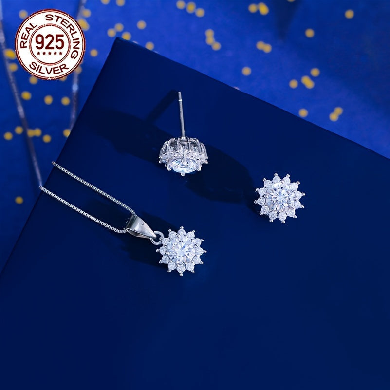 Sterling Silver Sunflower Jewelry Set with Cubic Zirconia Earrings and Pendant