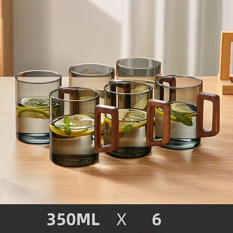 2/6 High Borosilicate Glass Water Cups with Smoke Green Wooden Handles and Black Walnut Tea Set