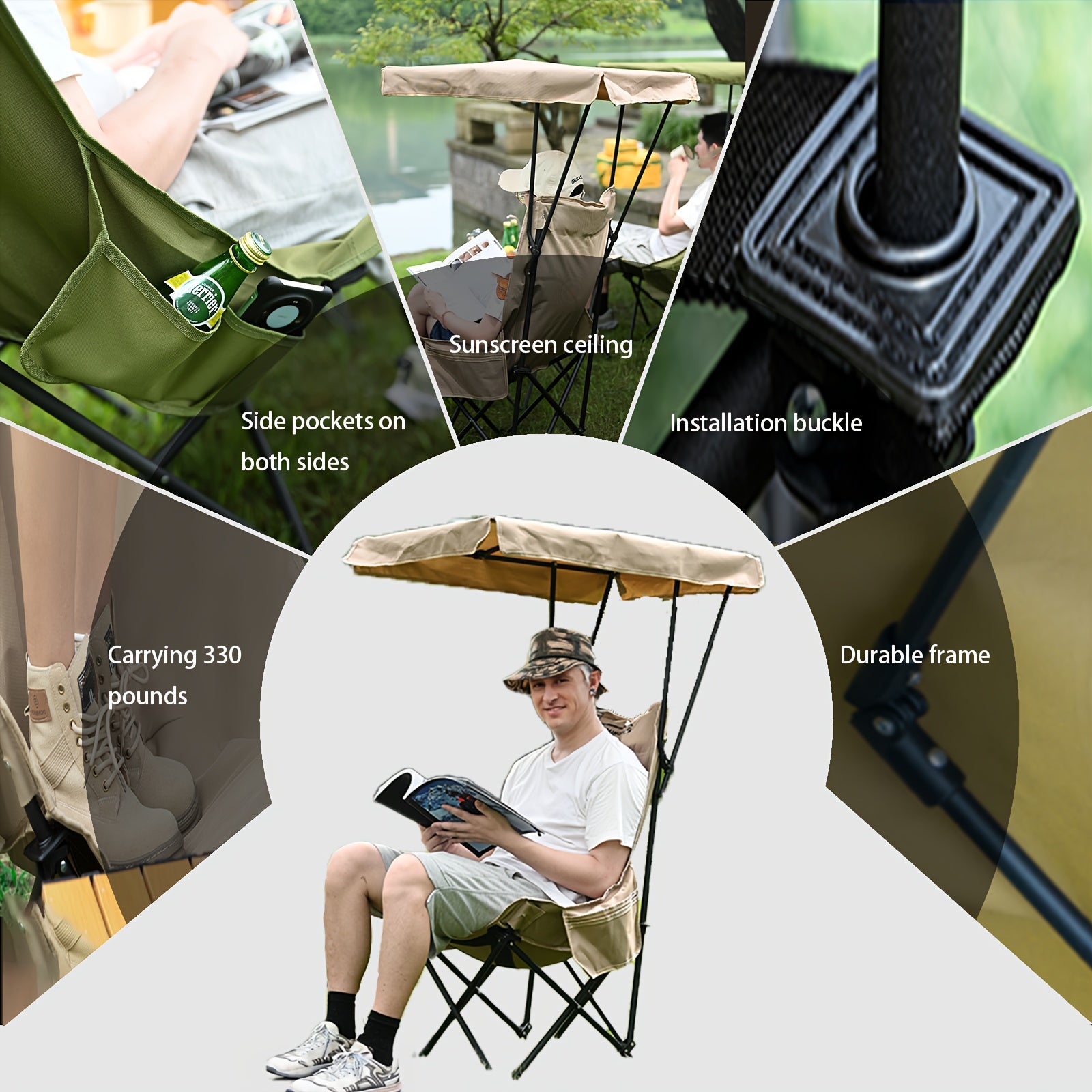 Portable Camping Chair with Sun Shade Canopy, Adjustable, Lightweight, Supports Up to 330 lbs