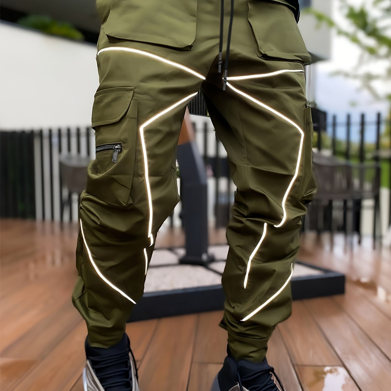 Мужские свободные прямые карго-штаны с множеством карманов, отражающими акцентами, полиэстер, всесезонные