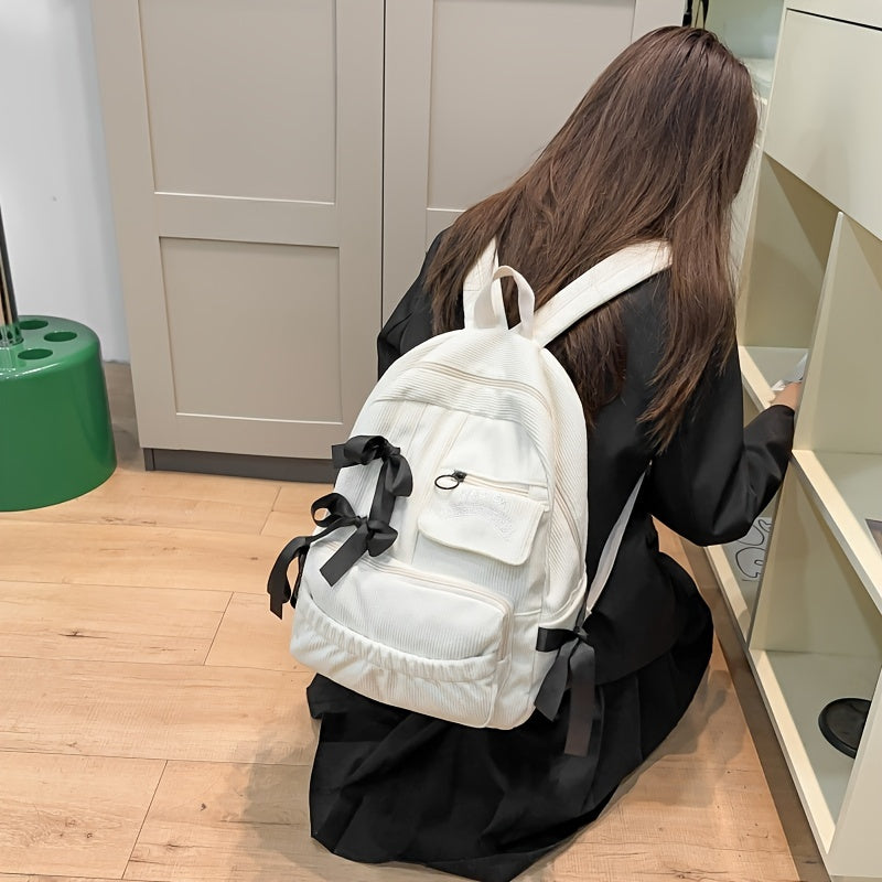 Ayollar uchun 1 dona korduroy bowknot ruksak, shirin uslub, chiziqli dizayn, sozlanadigan yelka tasmalari, noutbuk bo'limi, zip yopilishi, polyester astar, qo'l yuvish/quruq tozalash - Kundalik tasodifiy