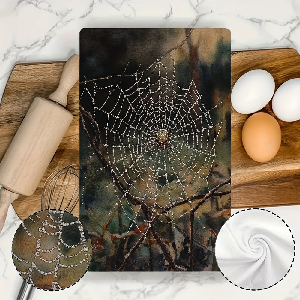 Set of 2 Ultra Plush Kitchen Towels Dewy Spider Web Design 40x60 cm Absorbent