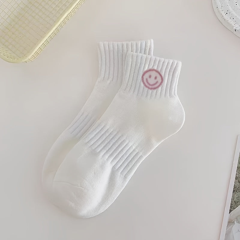 Mujeres calcetines cortos 5 pares con estampado de cara de dibujos animados, calcetería ligera de punto