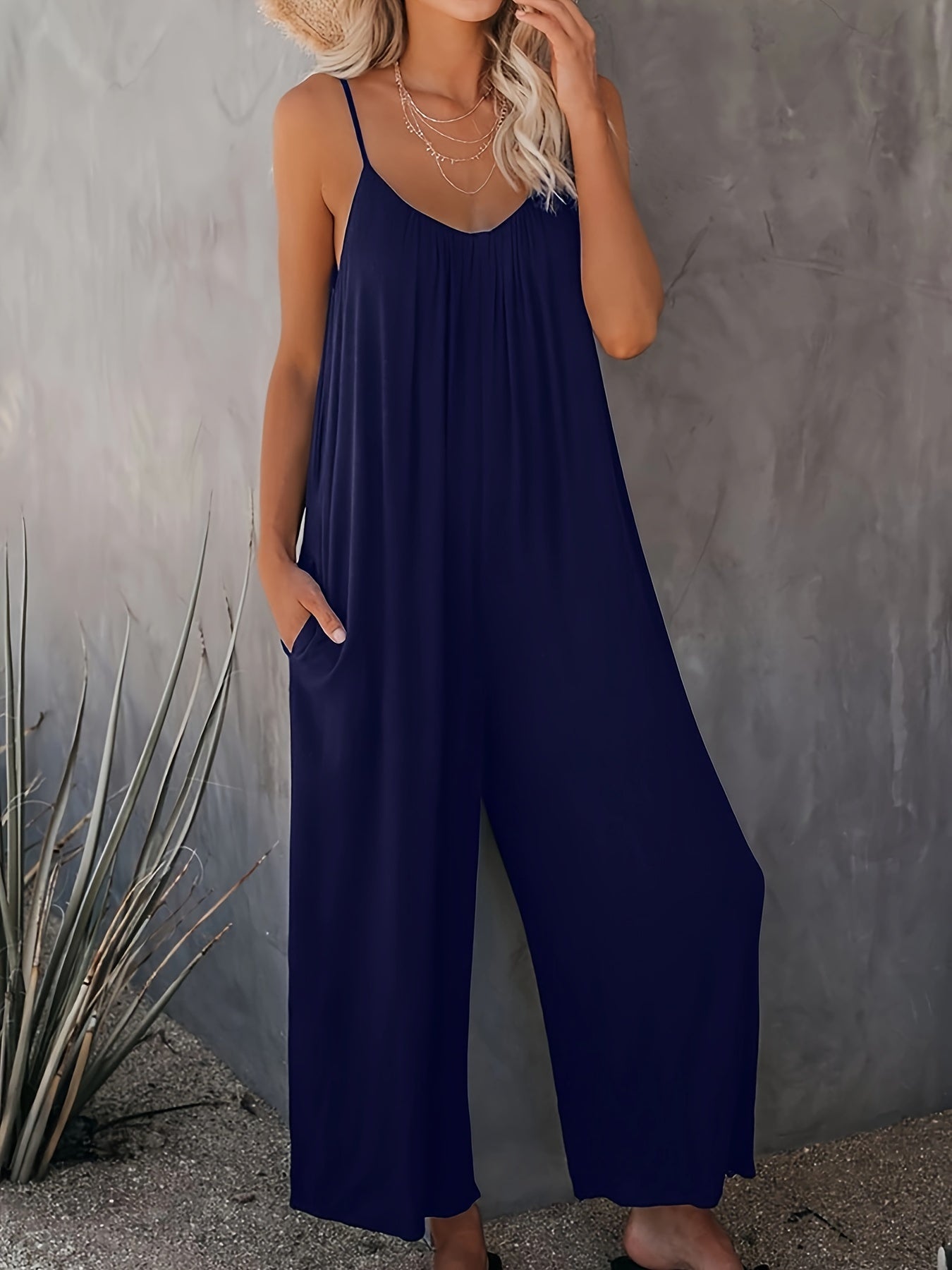 Women's Navy Blue Sleeveless Jumpsuit with Pockets, Wide-Leg Pants, Lightweight