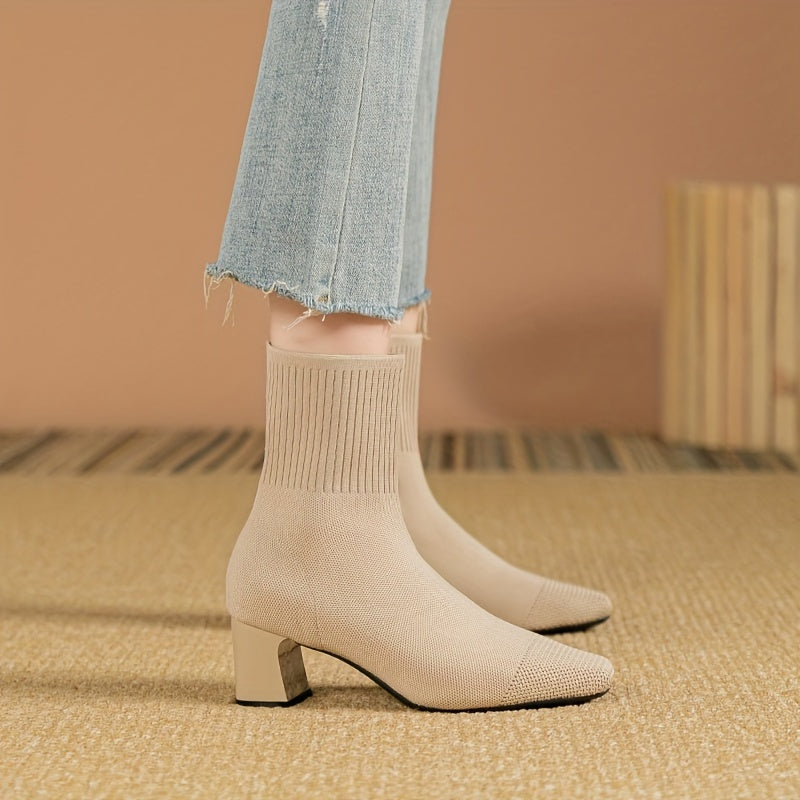 Women's Ankle Boots Breathable Knit Slip-On Block Heel Solid Color
