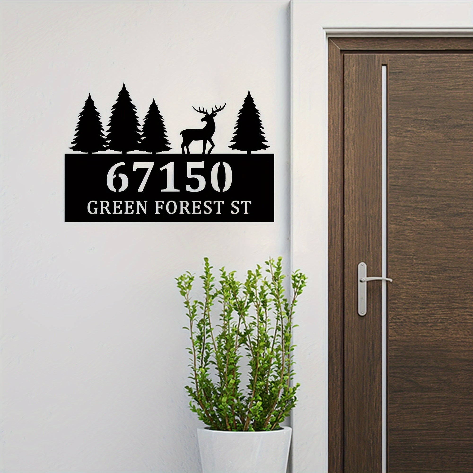 Metal House Number Sign with Forest and Deer Silhouette Waterproof Wall Art for Outdoor Entryway