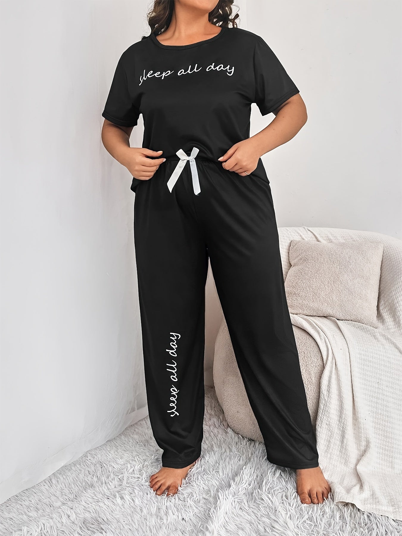 Women Plus Size Pajama Set Cotton Short Sleeve T-Shirt and Pants Home Wear