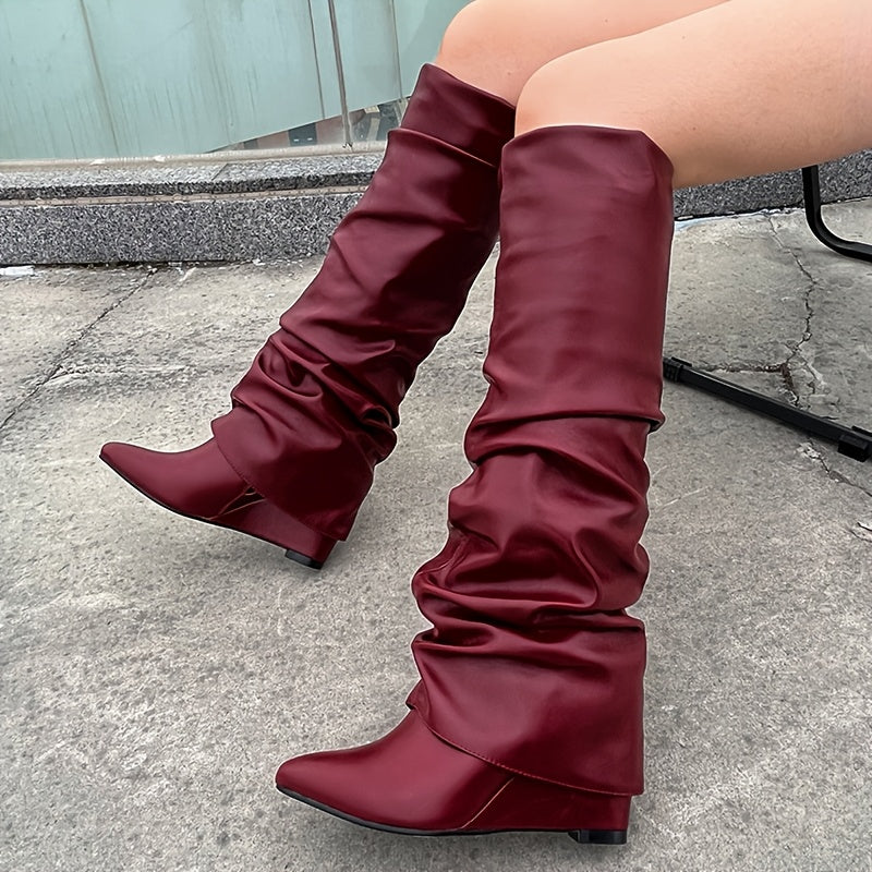 Women's Knee-High Wedge Heel Boots with Zipper and Pointed Toe