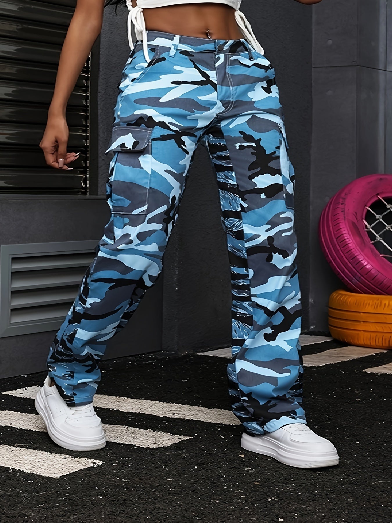 Women's Large Size Camouflage Elastic Stitching Straight Denim Jeans
