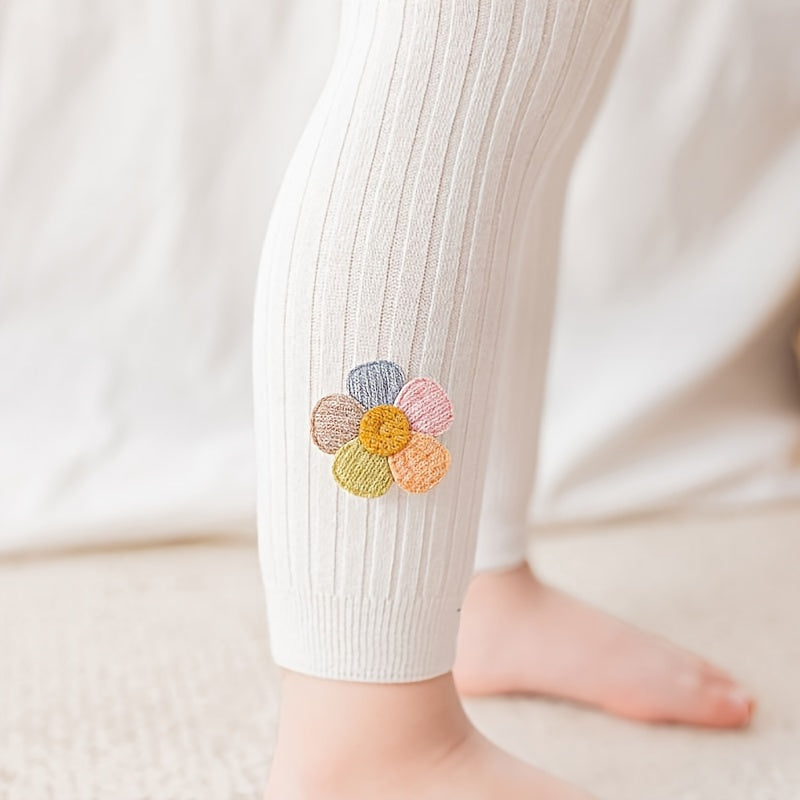 Girls Slim Leggings with Rib Knit Flower Doll Design Cotton Blend Stretch Footless Tights