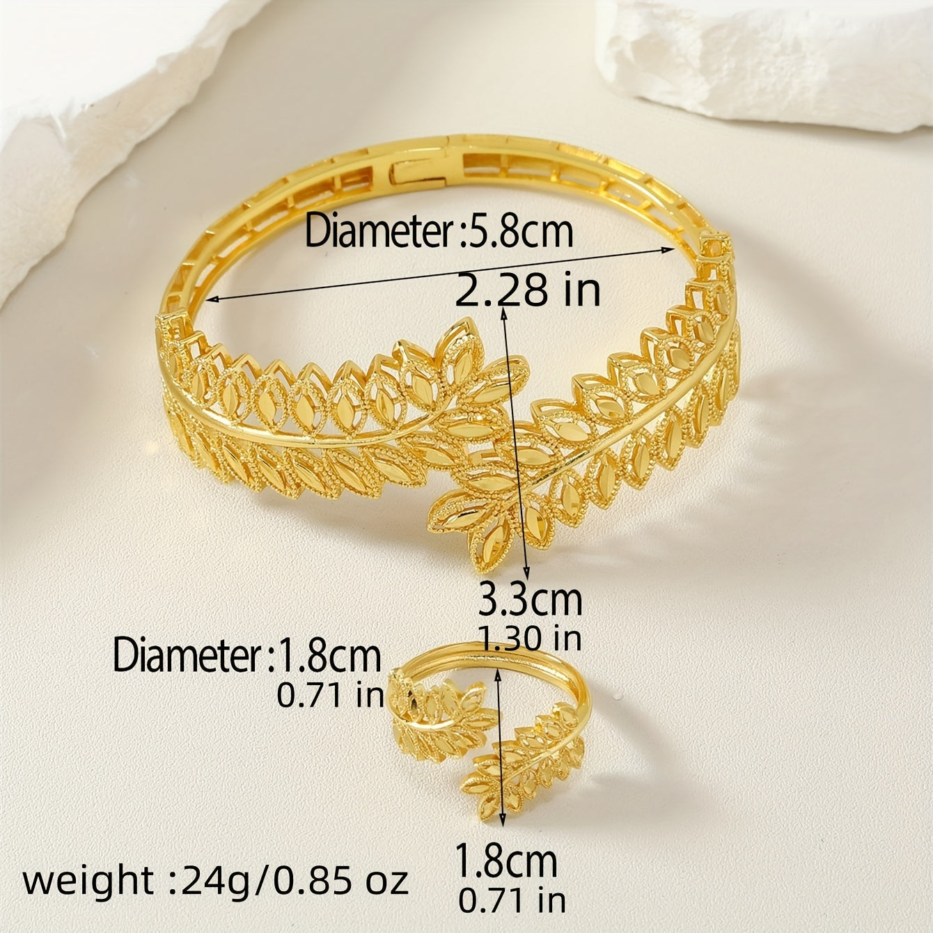 Gold Plated Leaf Jewelry Set for Weddings and Ramadan with Bracelet and Ring