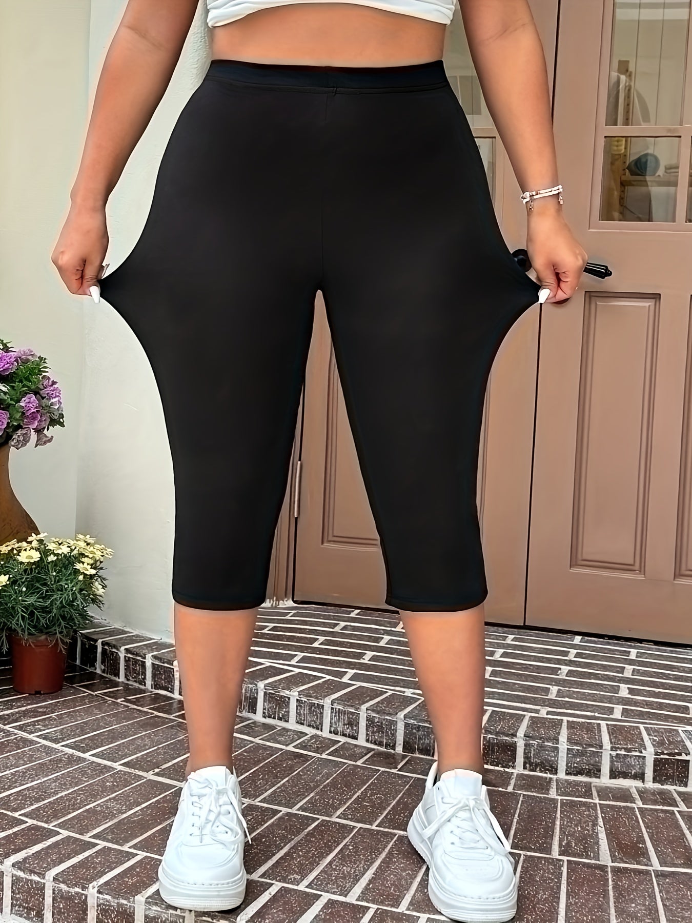 Леггинсы капри для йоги с высокой талией для полных женщин, контроль живота, черные