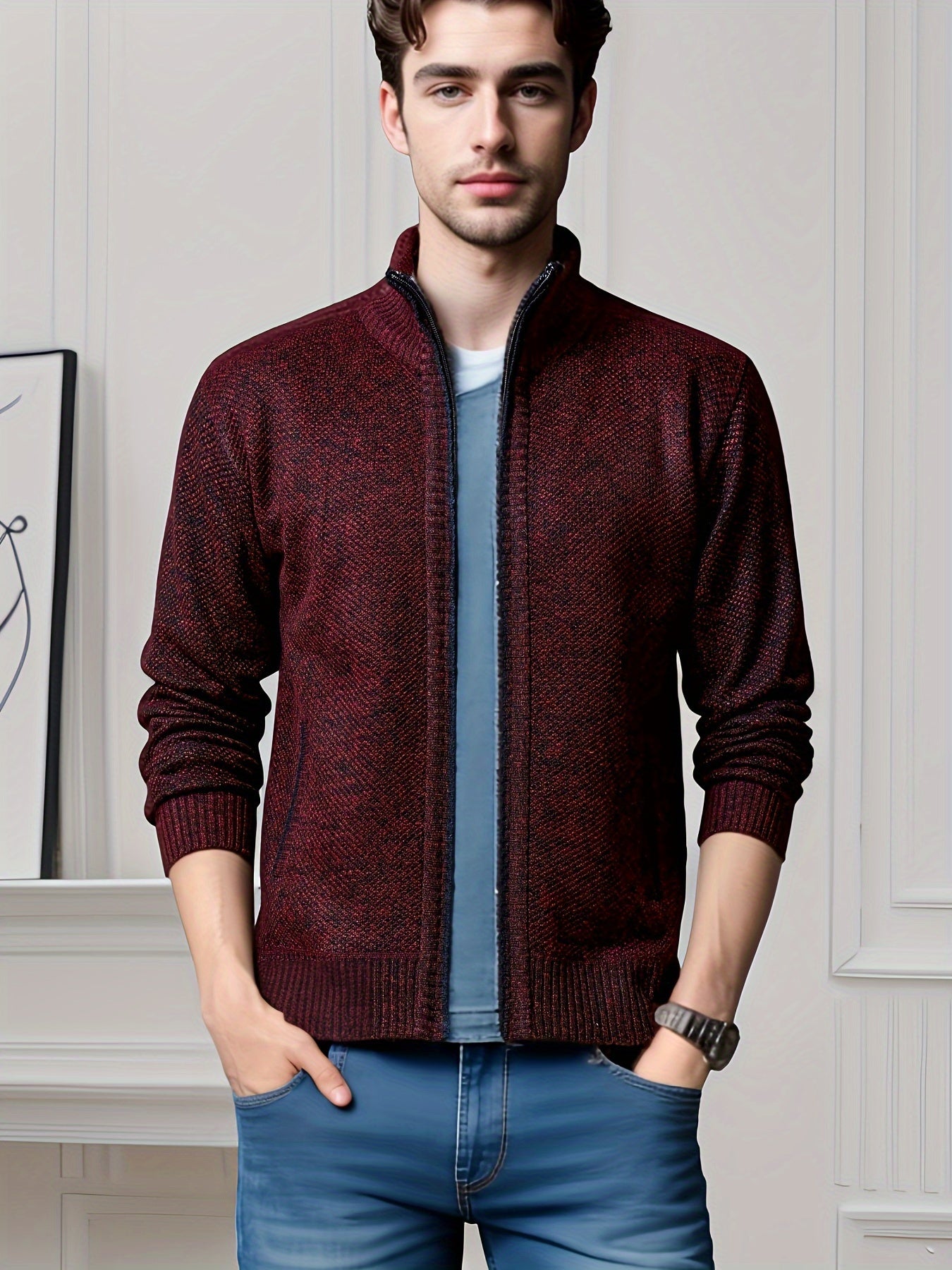 Men's Solid Fleece Cardigan with Pockets Turtle Neck Zip Up Sweater for Winter Fall Outdoor Activities