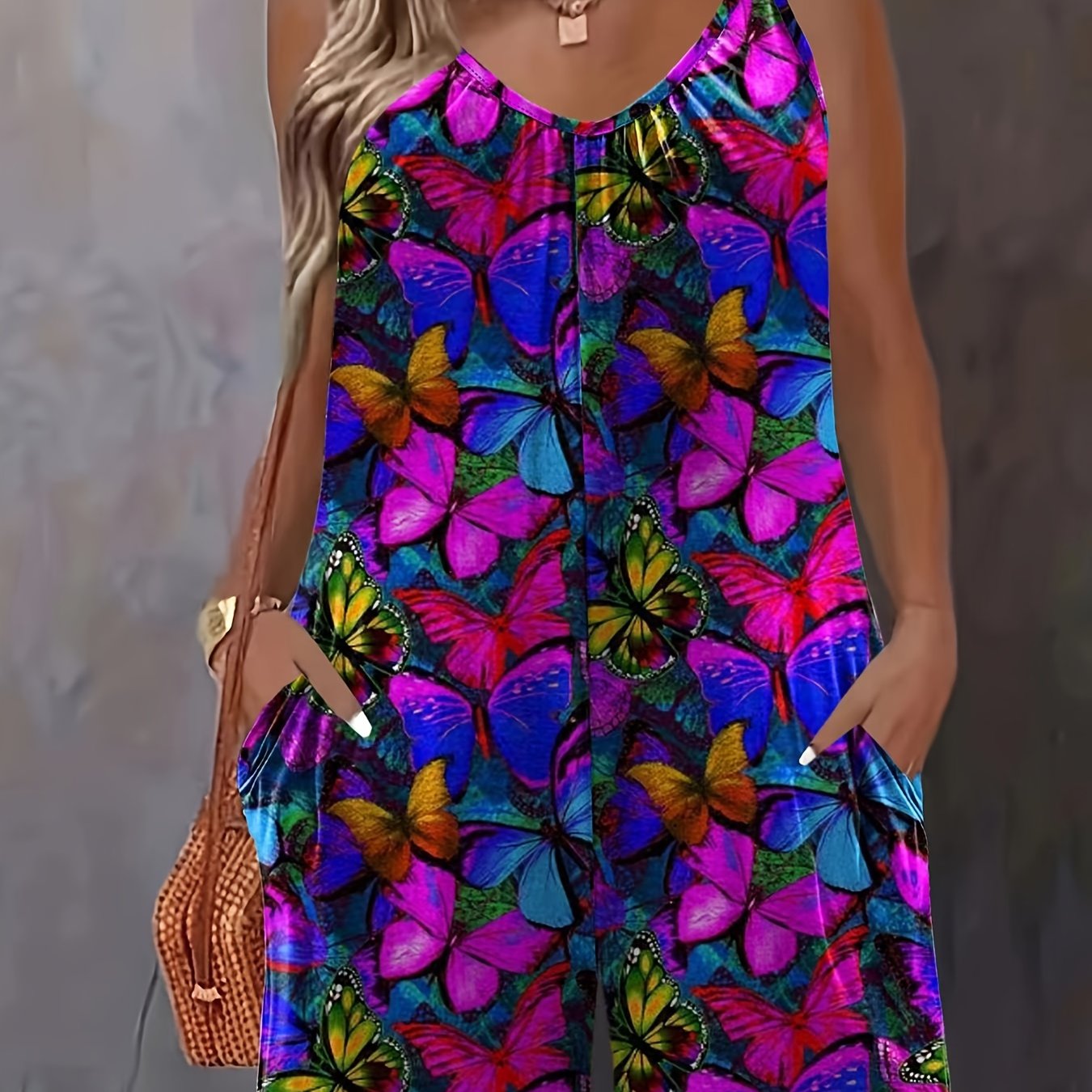 Plus Size Butterfly Print Romper V-Neck Sleeveless Pockets Stretchy Machine Washable