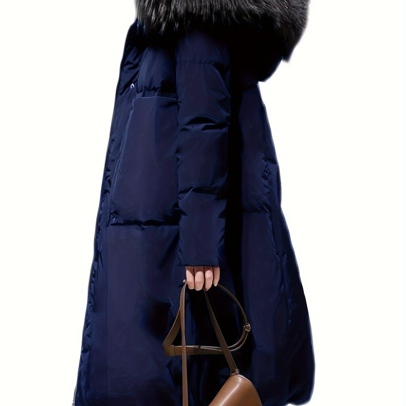 Winter Long Coat with Hood Faux Fur Trim Solid Color Polyester Casual Warm Outerwear