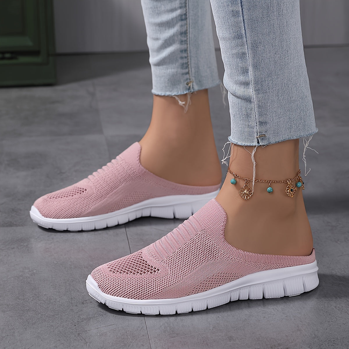 Women's Knit Flat Mules Solid Color Closed Toe Non Slip Casual Shoes