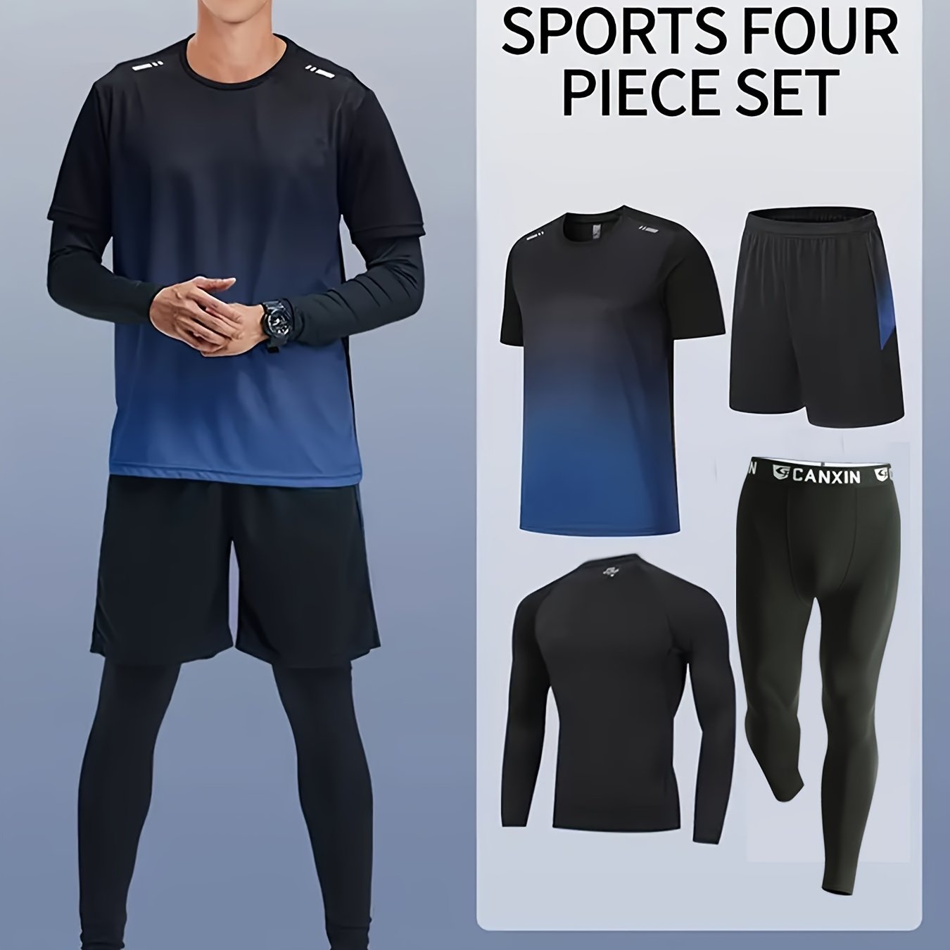 Men's Fitness Suit with Quick-Drying Polyester Shorts and Long-Sleeved Trousers for Outdoor Activities