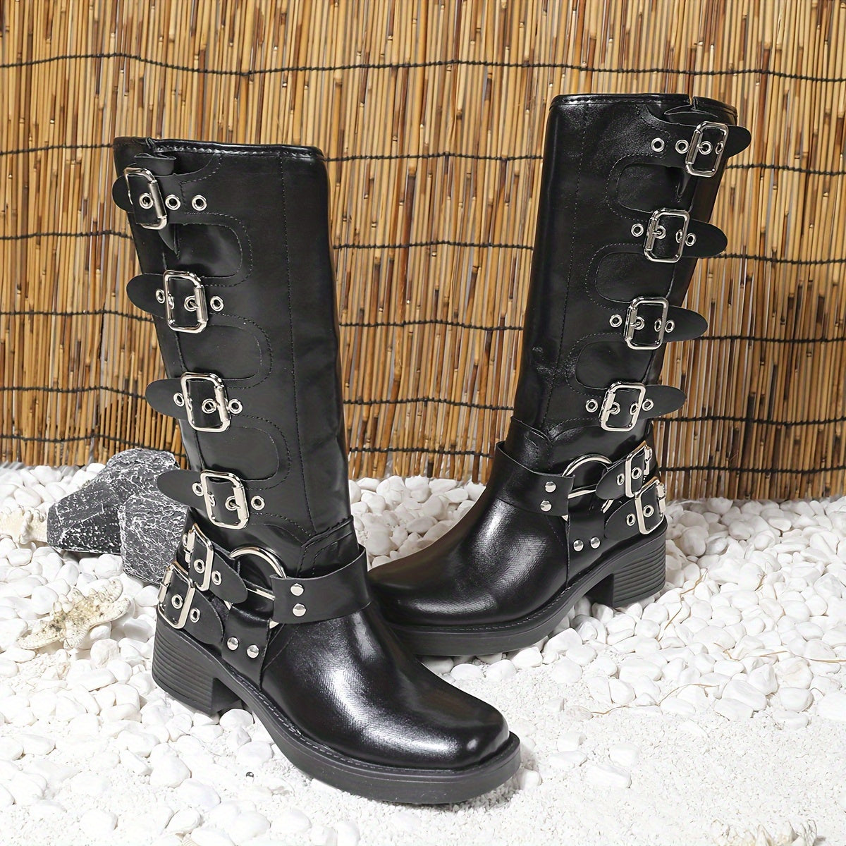 Women's Faux Leather Mid-Calf Boots with French Heel and Pull-On Design