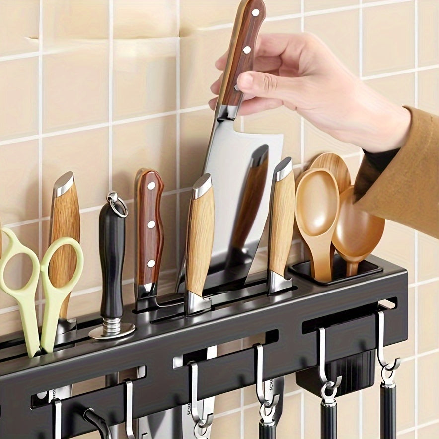 Wall-Mounted Carbon Steel Knife Rack with Hooks Towel Rod and Utensil Caddy