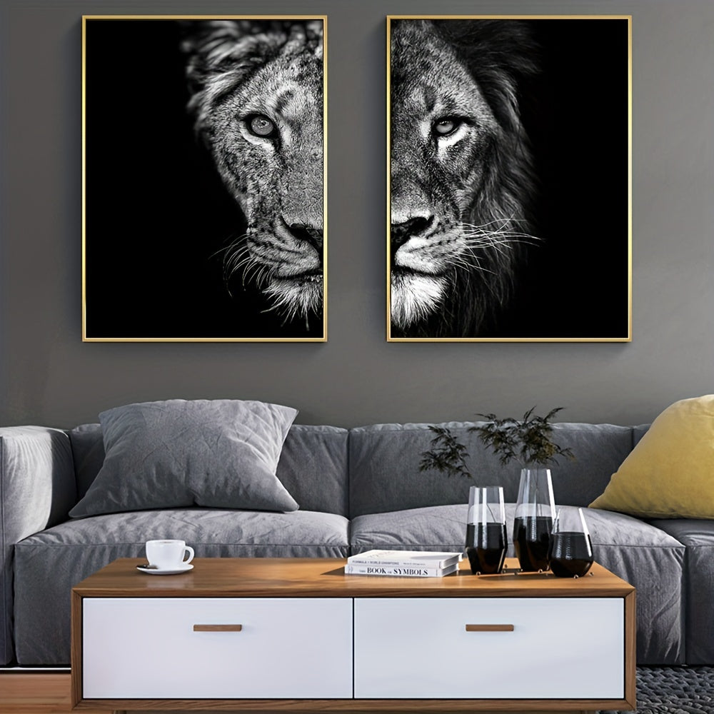 African Lion Wall Poster Set Frameless Canvas Art Black and White 15.7x23.6 Inches