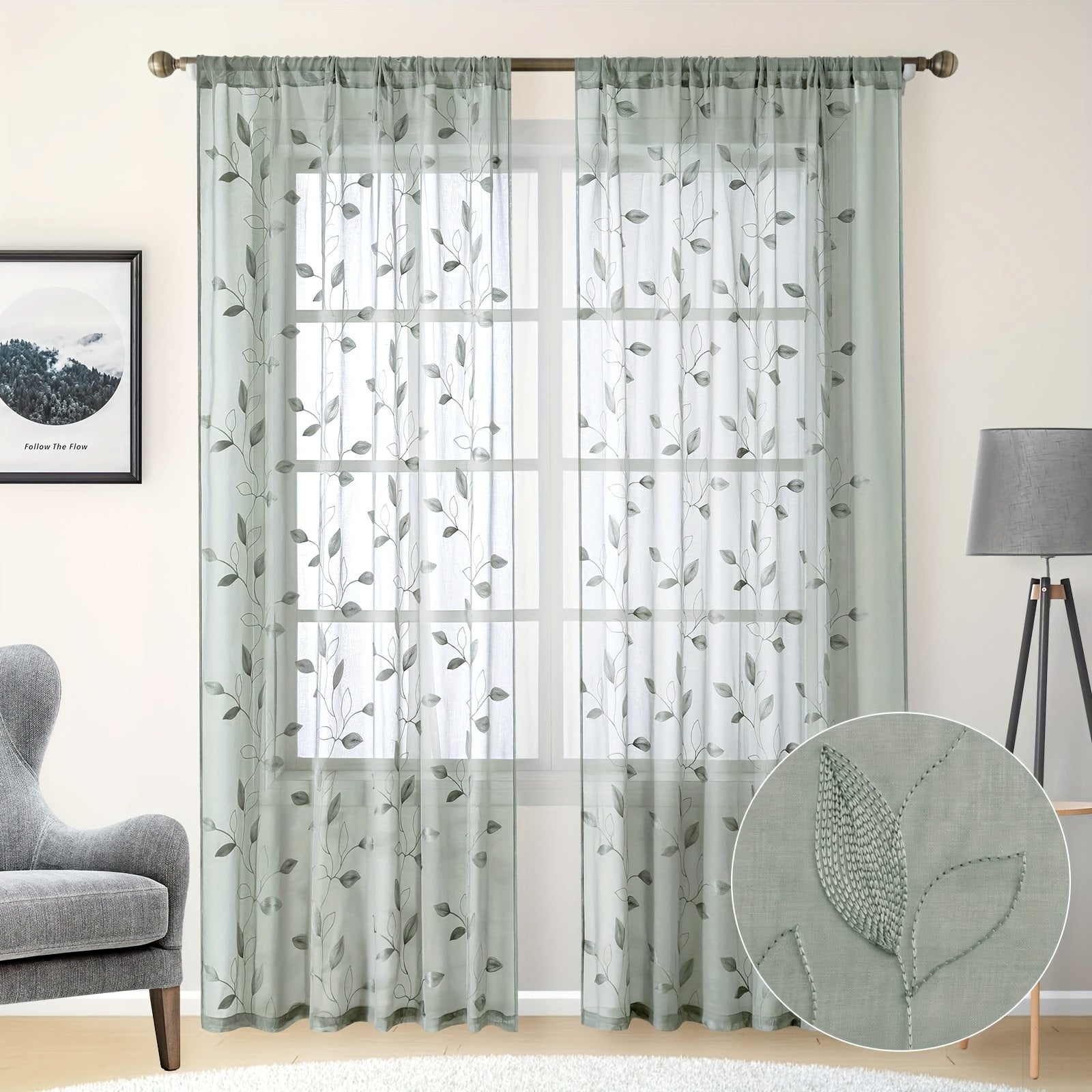 Two Pieces Sheer Curtains with Embroidered Leaf Pattern, Rod Pocket, Polyester, for Bedroom Living Room Kitchen