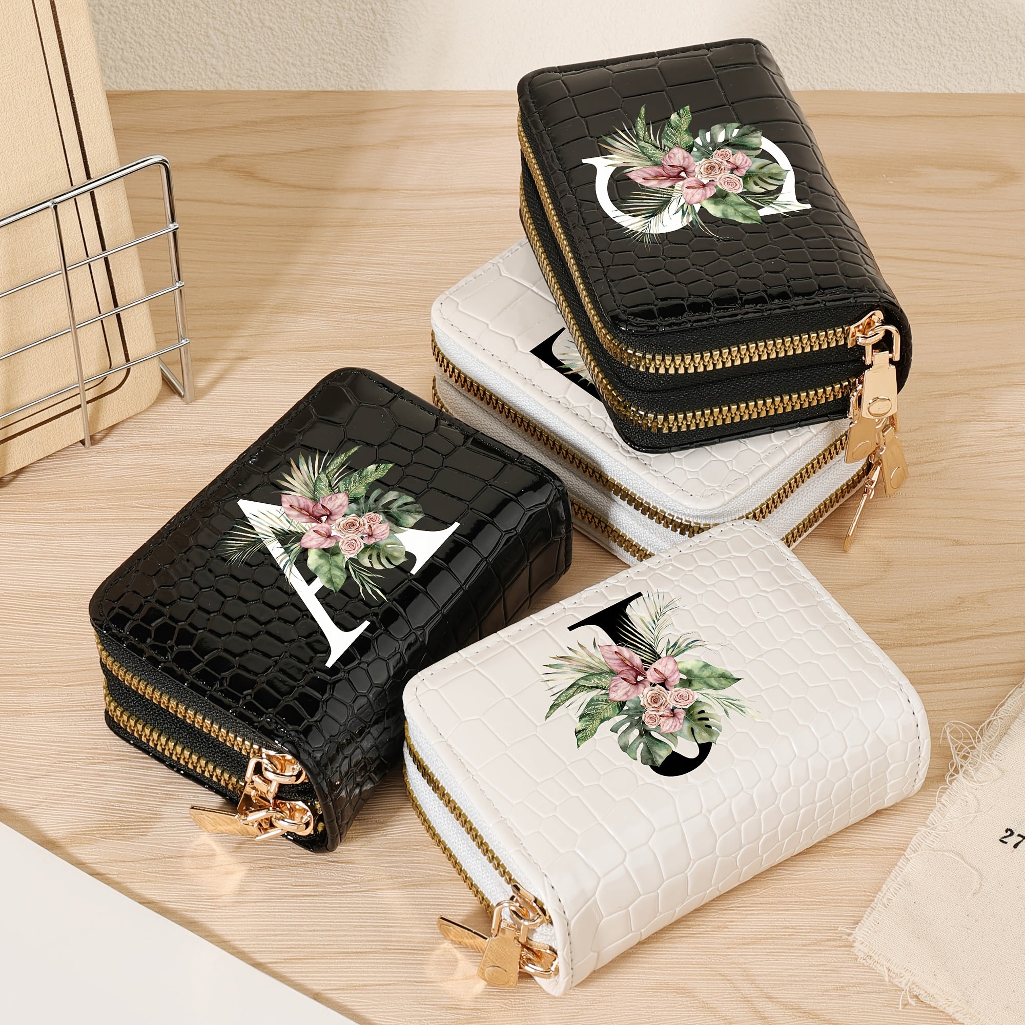 Cartera para tarjetas de crédito para mujer con estampado floral de letras, negro y blanco, gran capacidad, con cremallera y textura de cocodrilo en PU