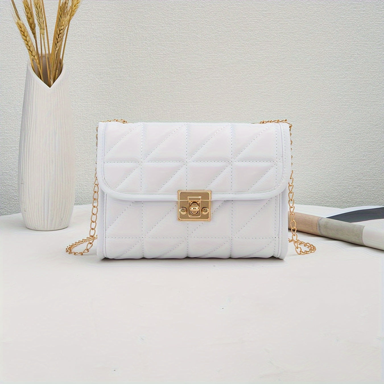Quilted Crossbody Bag with Chain Strap Lock Closure Faux Leather Solid Color for Women