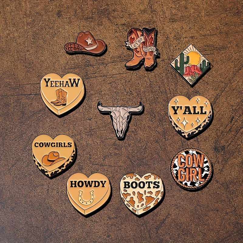10 ta Gʻarbiy Kovboy emal pinlar to'plami, Qo'ylar bilan Oyoq kiyimlari va Yeehaw ramzlari bilan, Sumkalar, shapka va shartlar uchun