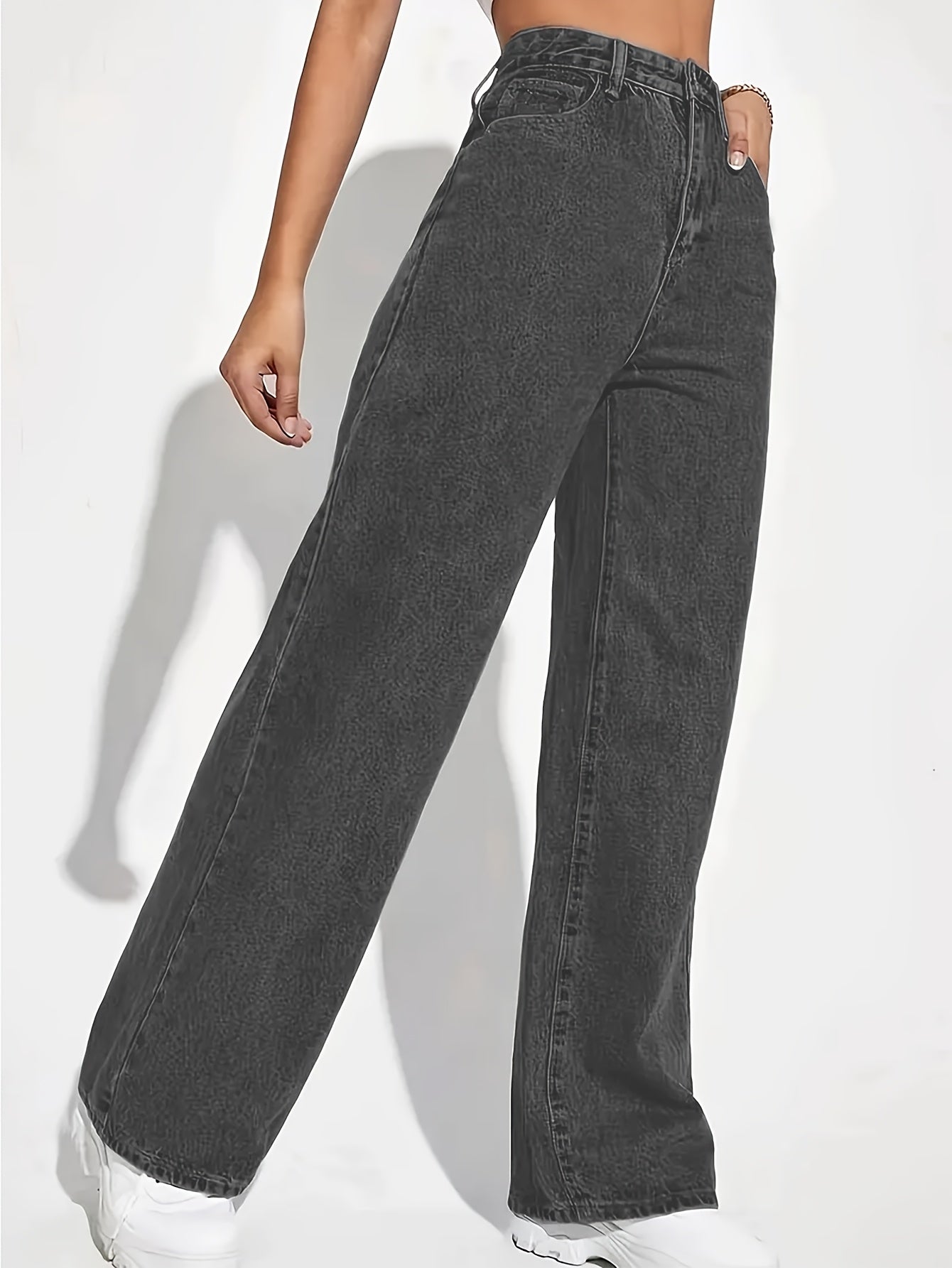 Jeans de mujer de tiro alto y pierna ancha con gran elasticidad, casual, lavado sólido, para primavera, verano y otoño