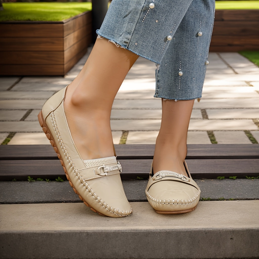 Women’s Breathable Flat Shoes - Round Toe Slip-Ons, White, All-Season