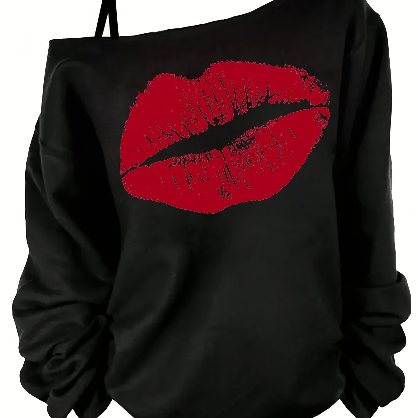 Plus Size Lips Print Sweatshirt Long Sleeve Cold Shoulder Pullover Woman