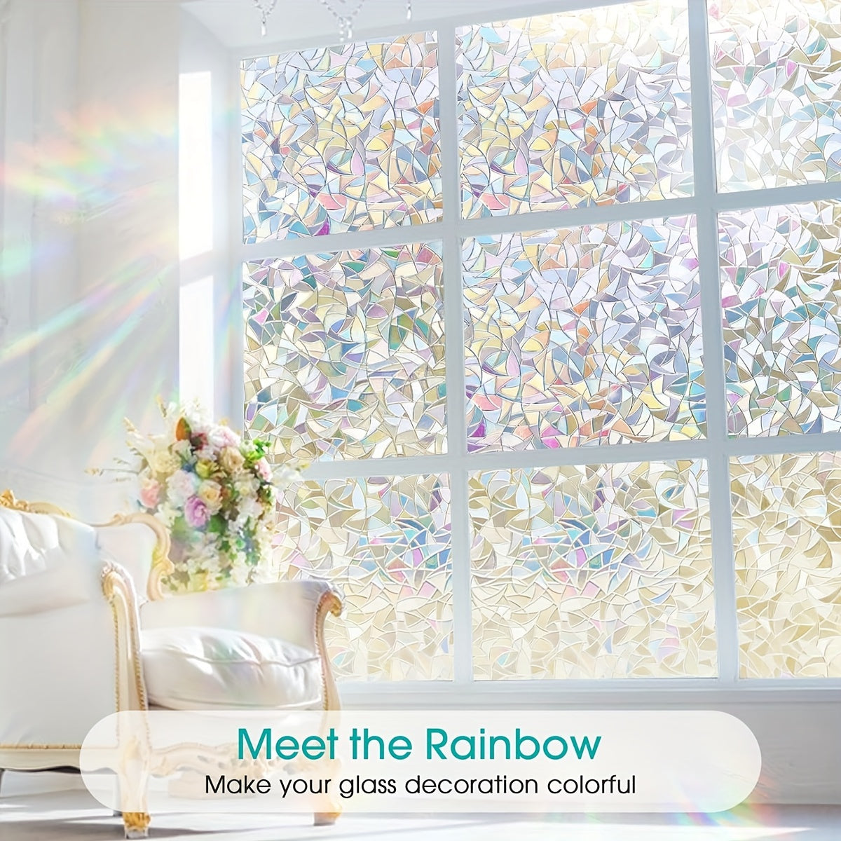 Frosted Privacy Window Film with Crescent & Diamond Pattern, Heat Control, No-Glue, Semi-Transparent, 9mil PVC