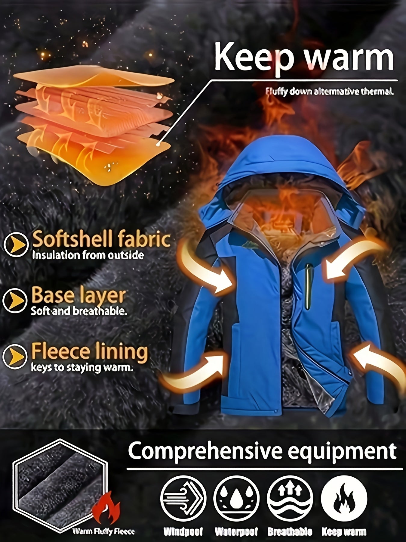 Men's Winter Outdoor Jacket with Detachable Hood Breathable Polyester Raincoat for Hiking Skiing and Camping