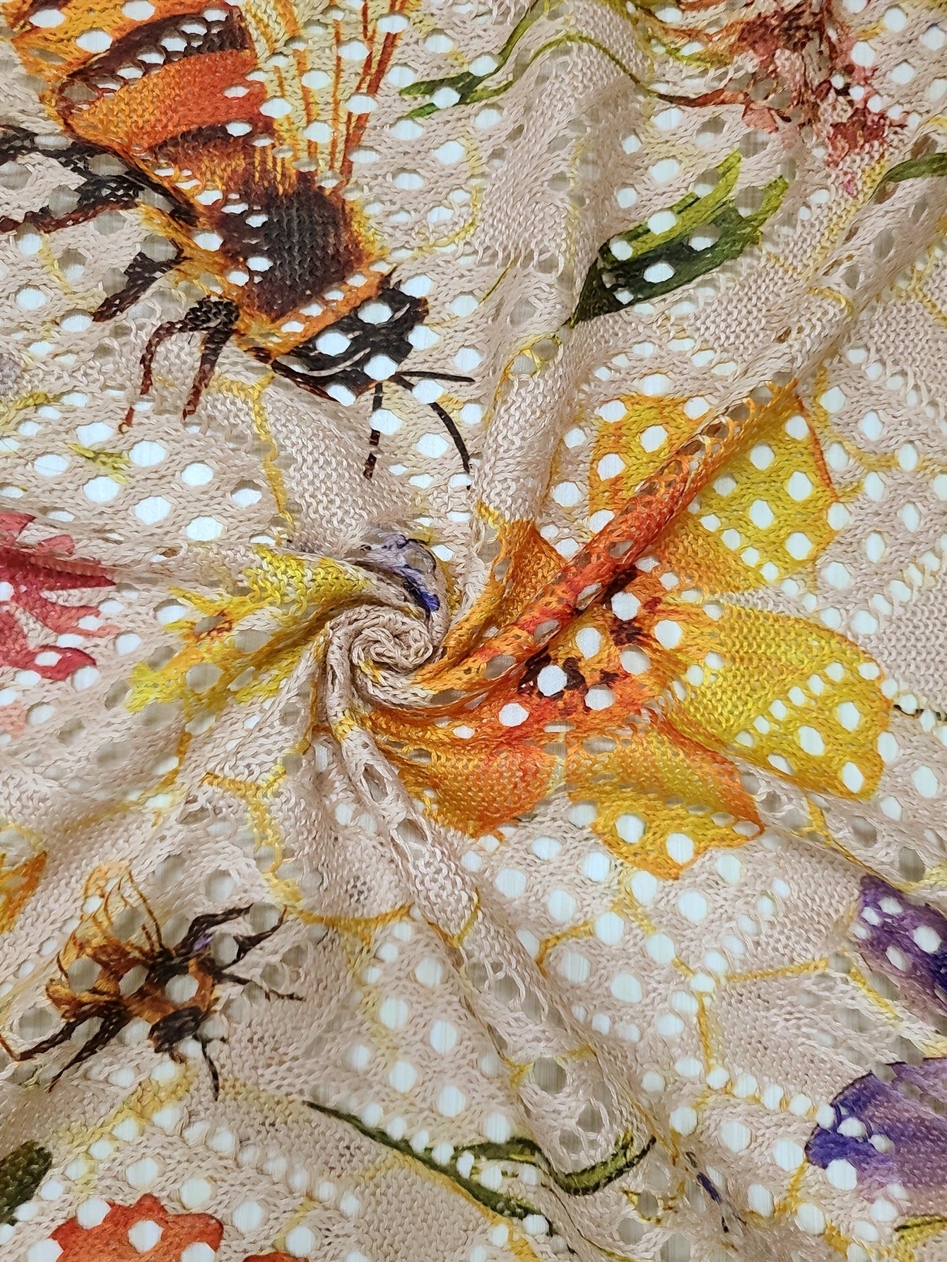 Women's Boho Short Sleeve Cardigan with Floral Print and Rhombus Cut-Outs