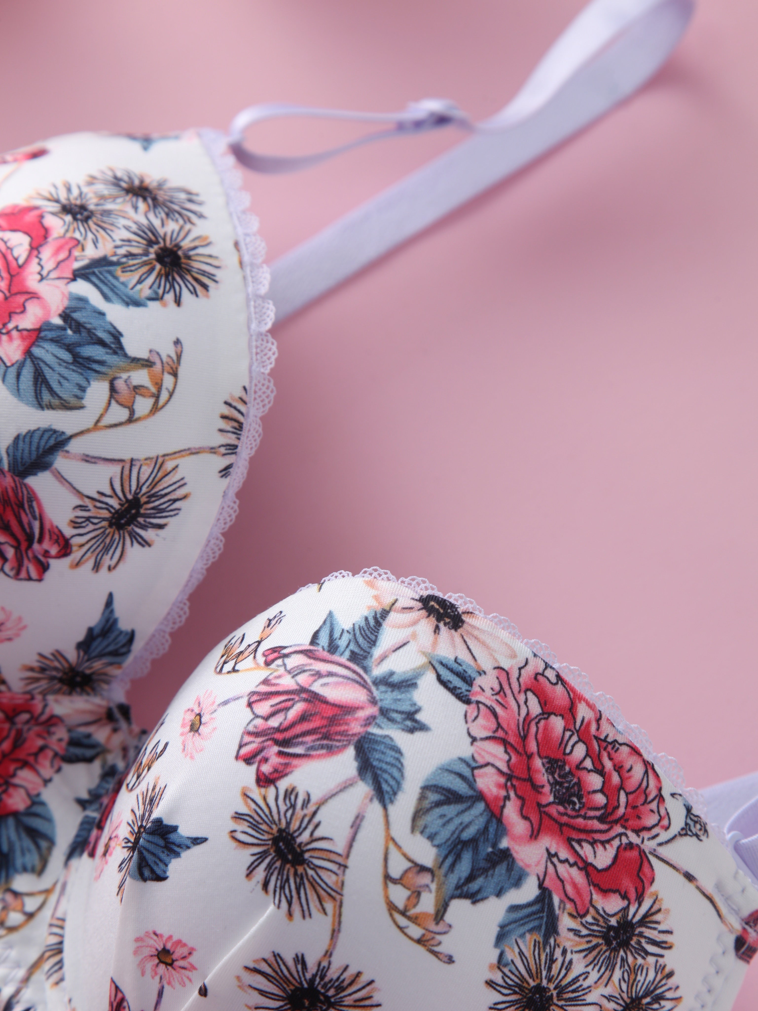 Floral Print Lingerie Bra Set with Steel Ring Detail for Women