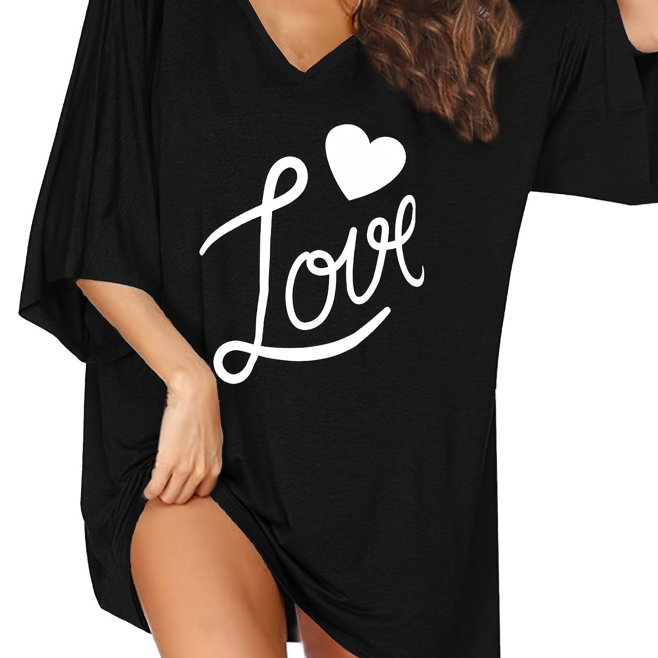 Women's Plus Size Black Love Heart Print Sleepshirt Lounge Nightgown