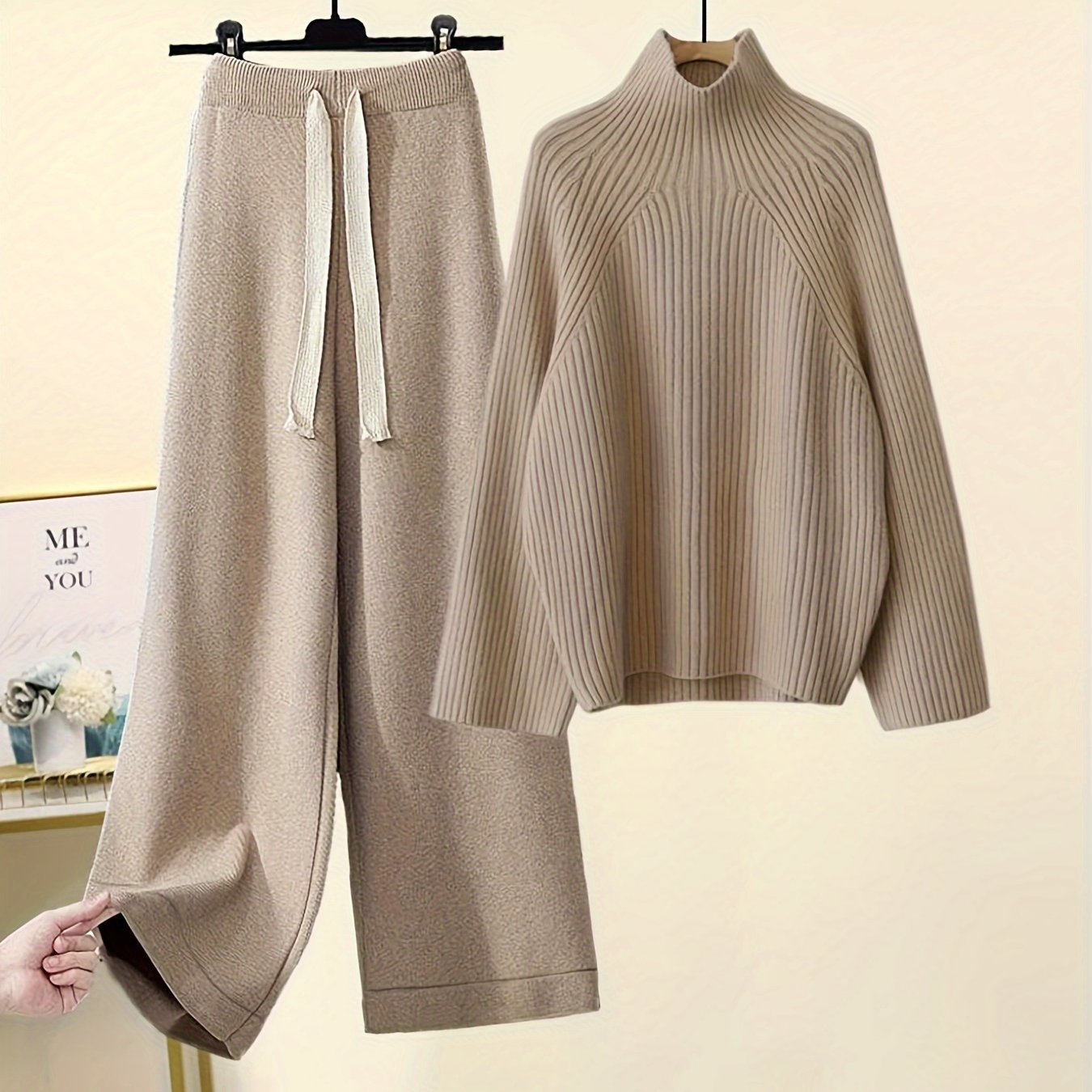 Casual Set with Wide-Leg Long Pants and High-Neck Knitted Top in Solid Viscose