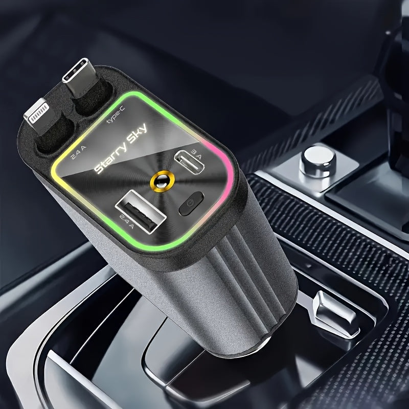 Cargador de coche retráctil 4 en 1 de 66W con carga rápida, luz LED y lámpara LED