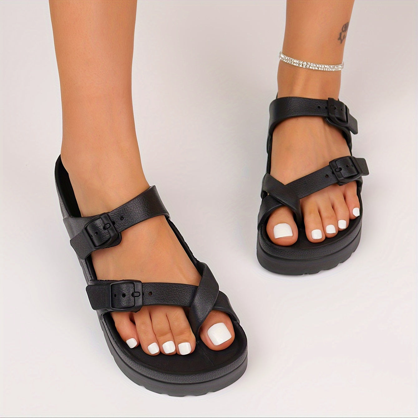 Women's Open Toe Platform Slides With Buckle Strap, Lightweight Beach Sandals