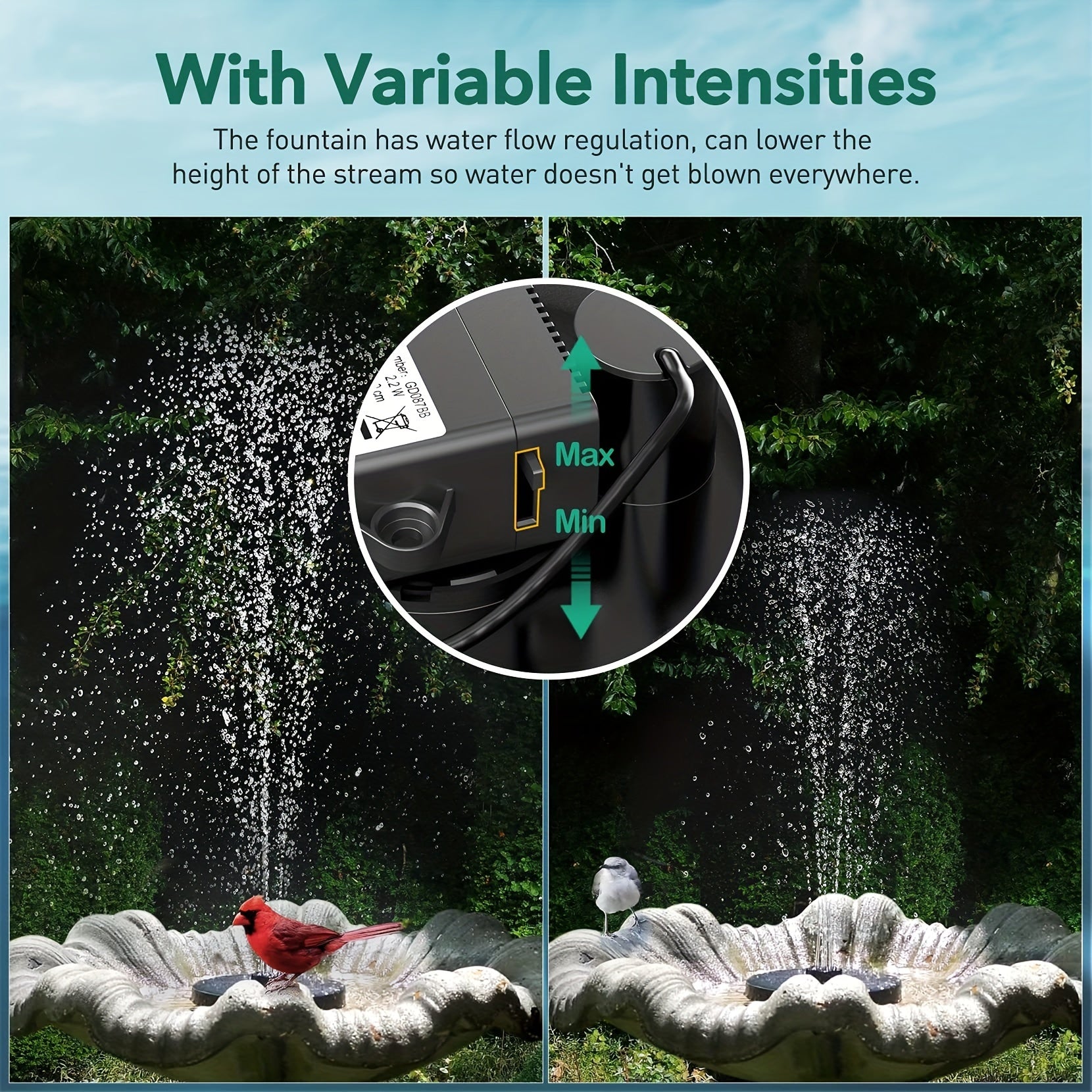 Qush hammomlari, hovuzlar va bog'lar uchun energiya tejamkor quyosh fontan nasos; yuqori sifatli, elektr energiyasi talab qilinmaydi.