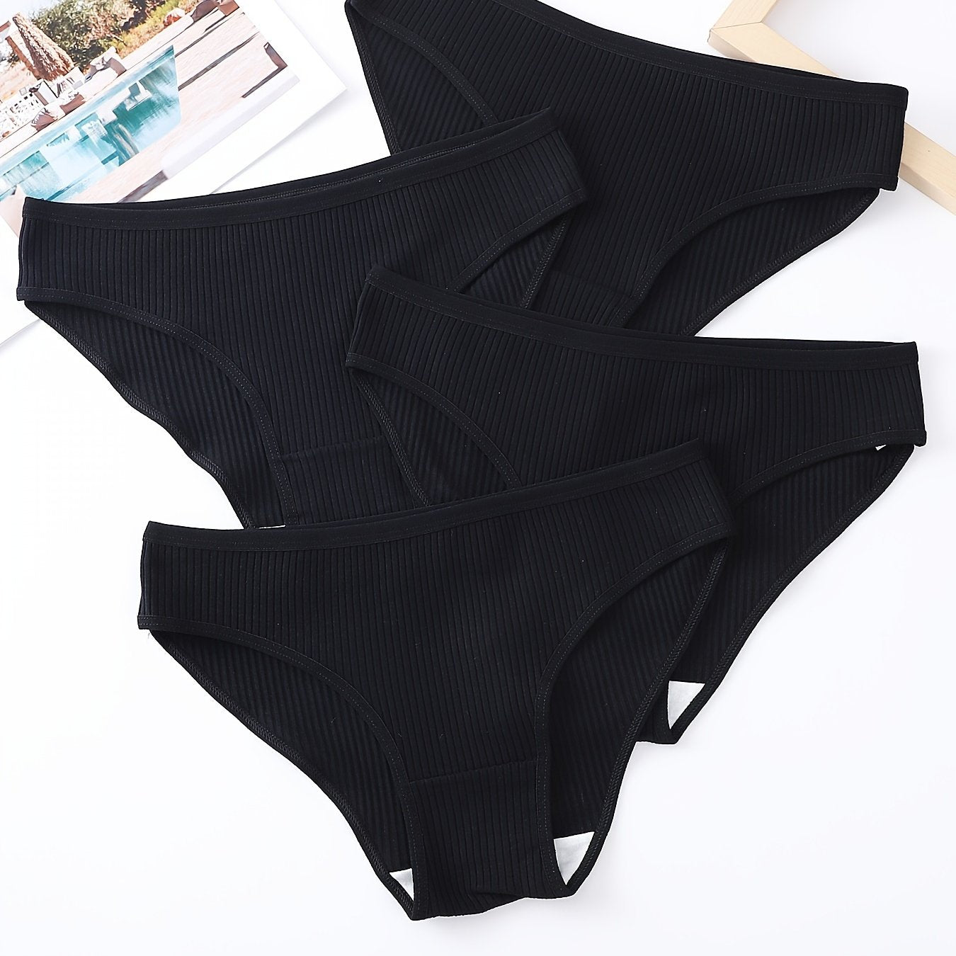 Set of 4 Women's Ribbed Cotton Briefs Comfortable Stretchy Lingerie Underwear