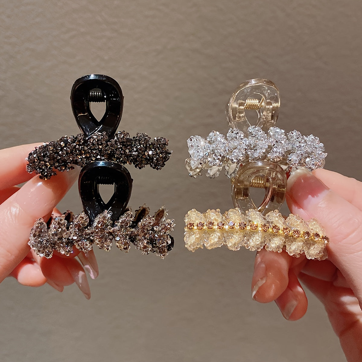 Set of 4 Rhinestone Hair Claw Clips Vintage Elegant Small Wheat Sheer Design Black Brown Clear