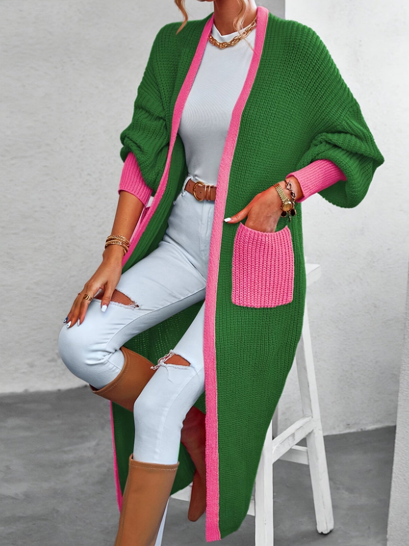 Plus Size Women's Cardigan Oversized Open Front Sweater with Pockets