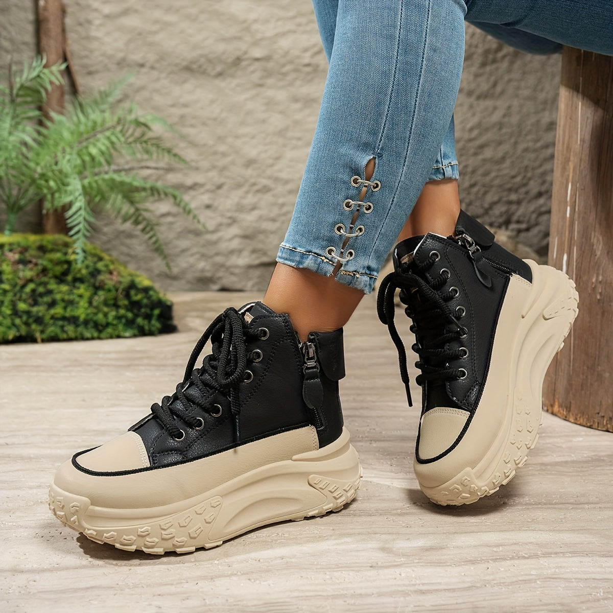 Women's High-Top Platform Sneakers with Rubber Sole Slip-Resistant Beige Black