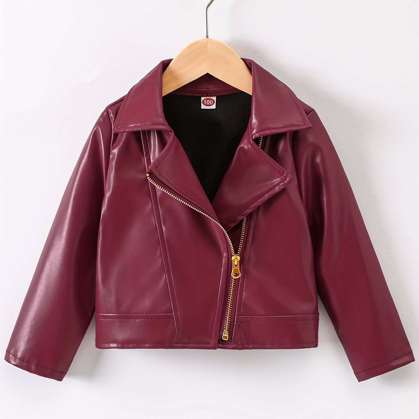Faux Leather Jacket for Kids with Lapel and Diagonal Zipper Short Length Fall Winter