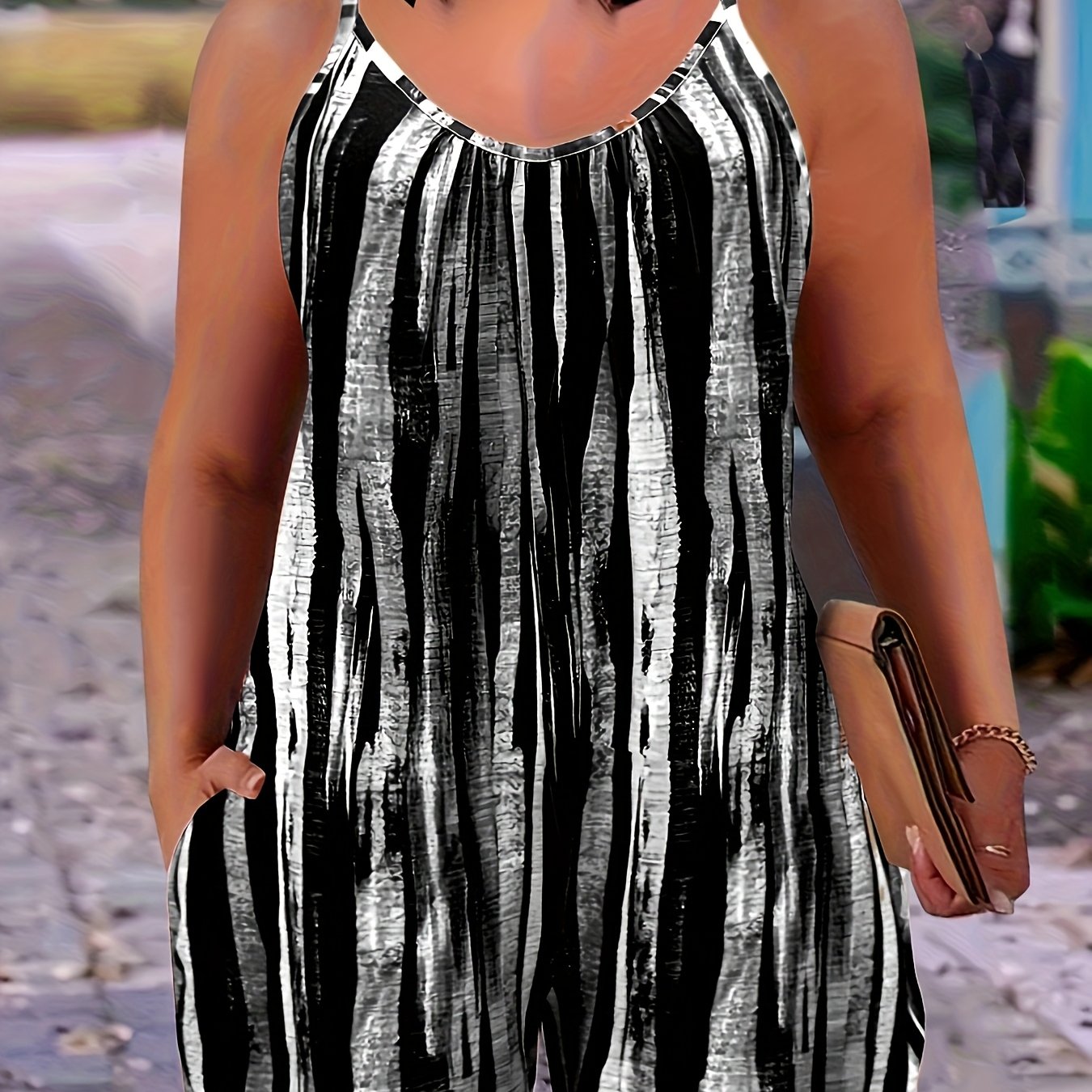 Mono sin mangas de talla grande para mujer con estampado a rayas y bolsillos