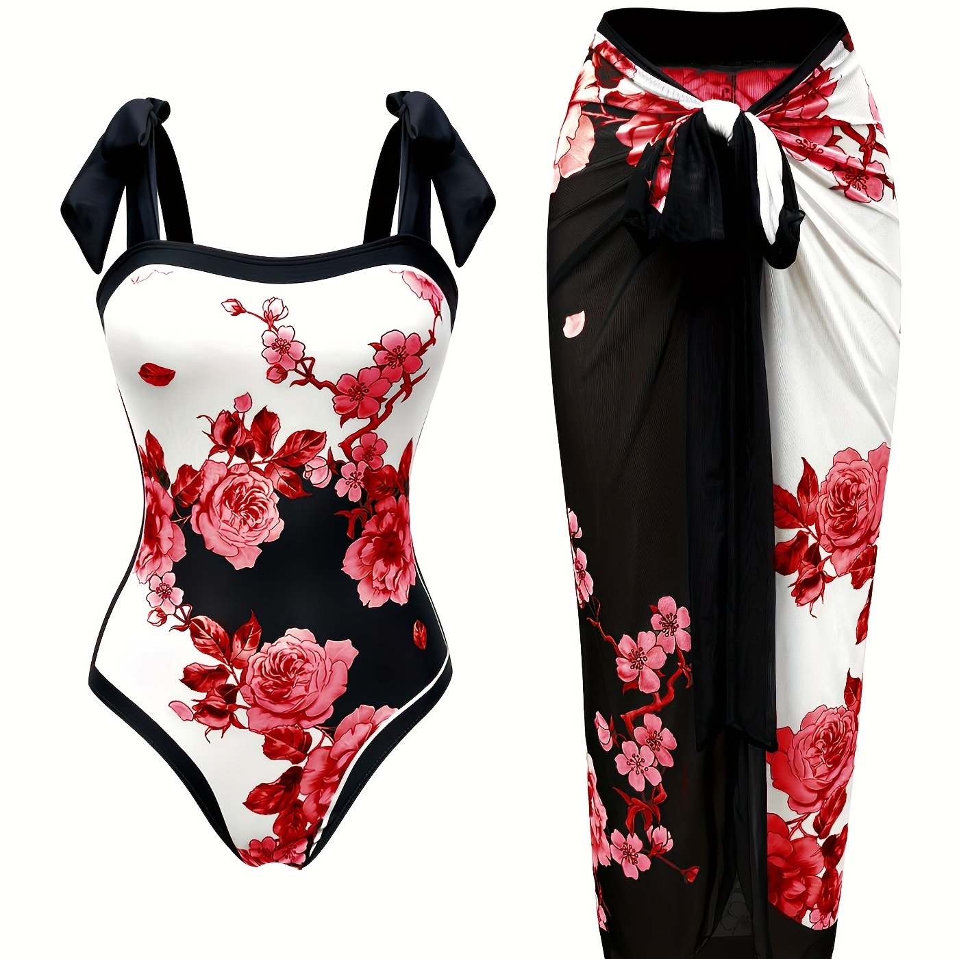 Women's Floral Sun Protection One-Piece Swimsuit with Sheer Skirt Polyester Elastane