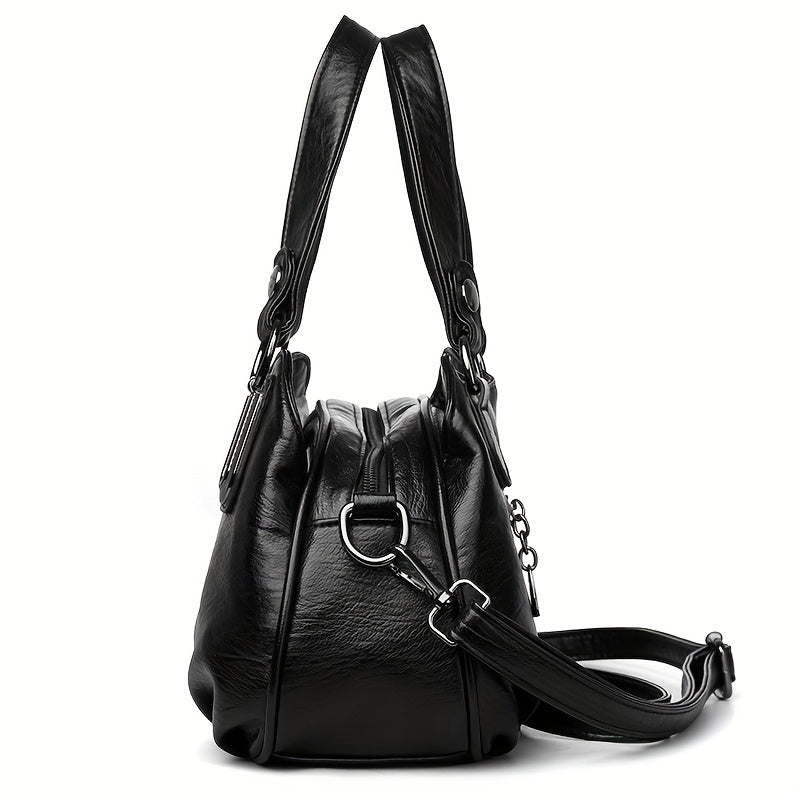 Casual Black Tote Bag for Women with Zipper Closure and Polyester Lining