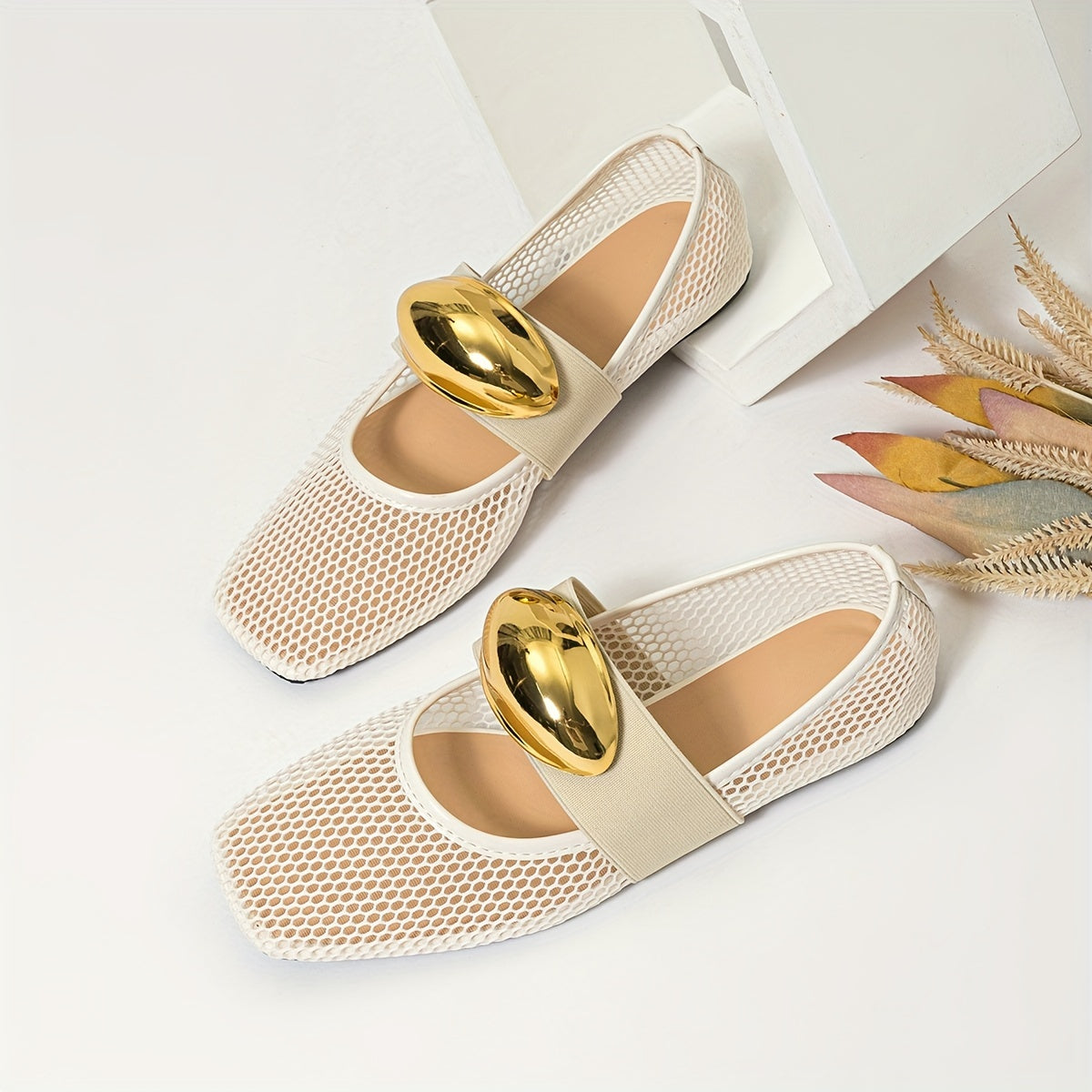 Women's Mesh Ballet Flats Hollow Metal Buckle Summer Comfortable Shoes